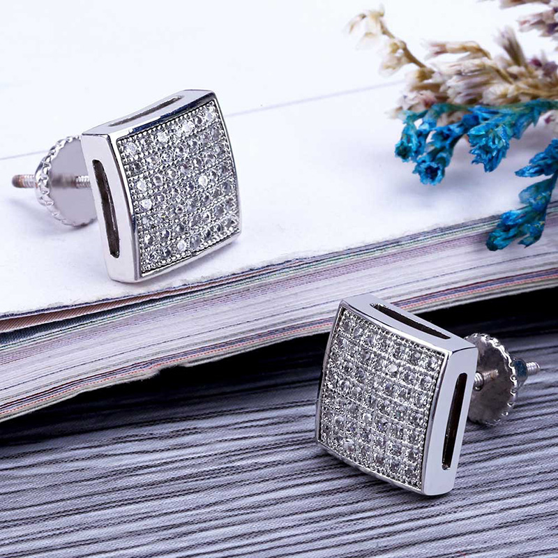 Hip Hop Stud Earrings Square Screw Back White Zircon Dangle Earrings Gold Plated Vintage Geometric Jewelry Wholesale