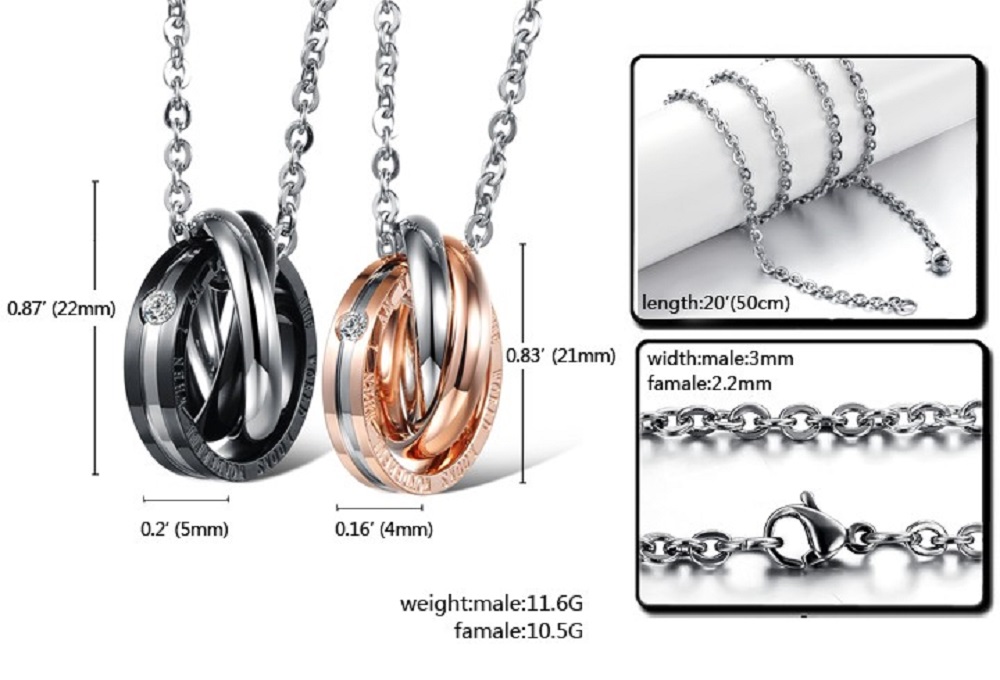 Three-Ring Connected Lovers Couple Pendant Necklace Stainless Steel Titanium Steel Jewelry