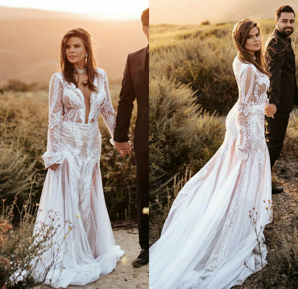 2020 Sexy Wedding Dresses Lace Long Sleeve Illusion Bodice V Neck Bridal Wedding Dress Sweep Trian Wedding Gowns