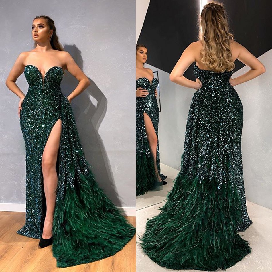 2020 Green Mermaid Evening Dresses Strapless Beads Sequins Feather Tulle Prom Dress Floor Length Special Occasion Dresses