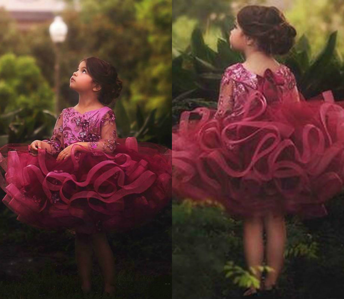 Little Flower Girl Dresses Tiered Skirts Jewel Neck Lace Appliqued Beads Long Sleeve Girls Pageant Dress Ball Gowns Kids Formal Wear
