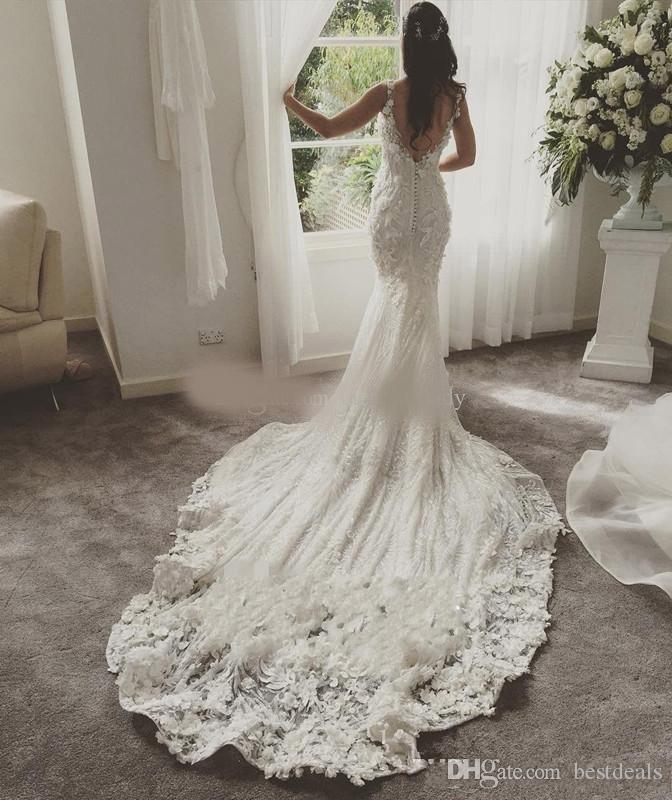 Lace Mermaid Elegant Wedding Dresses Spaghetti Pearls 3D Floral Applique Sweep Train Boho Garden Bridal Gown Robes De Marie Sirne