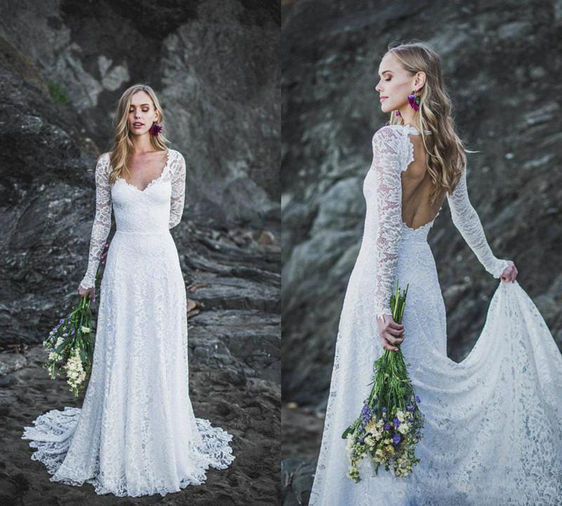 Simple Lace Long Sleeves Wedding Dresses V Neck Open Back Sexy A Line Formal Gowns for Bride Country Wedding Dresses