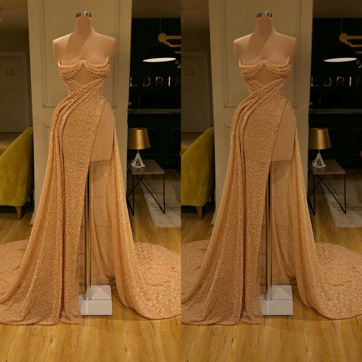 2020 Glitter Evening Dresses Sweetheart Sequined Beaded Sleeveless Prom Dress Sweep Train Custom Made Formal Long Party Gown