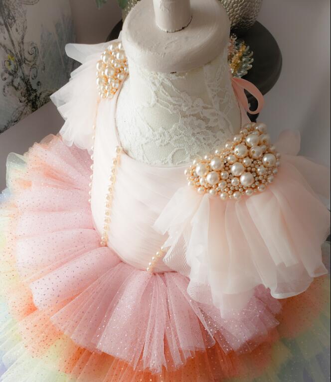 2020 Rainbow Flower Girl Dresses Ruffled Lace Tiered Pearl Glitter Girl Pageant Gowns Custom Made First Communion Dress