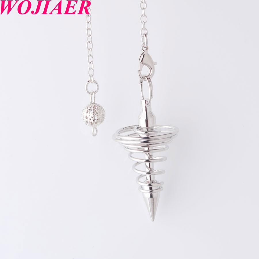 WOJIAER Silver Metal Pendulum Pendant Pendulo Radiestesia Pendulums for Dowsing Spiral Cone Antique Pyramid Pendule Reiki Jewelry O9460