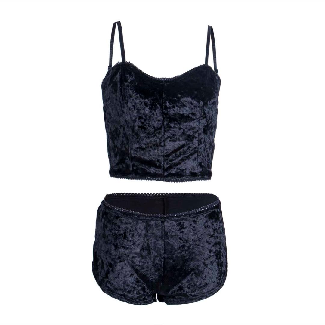 Women Sexy Velvet Two-piece Lingerie Crop Top+Shorts Sleepwear Lace Nightwear Underwear Pajamas Chemise Sets Black Pink Gray