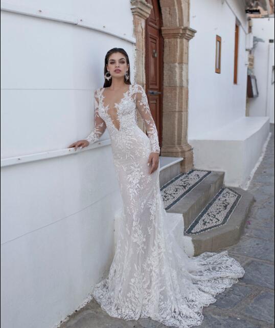 Lian Rokman Mermaid Wedding Dresses 2020 V Neck Lace Applique Sequins Beach Wedding Dress Bridal Gowns Long Sleeve Robes De Mariée