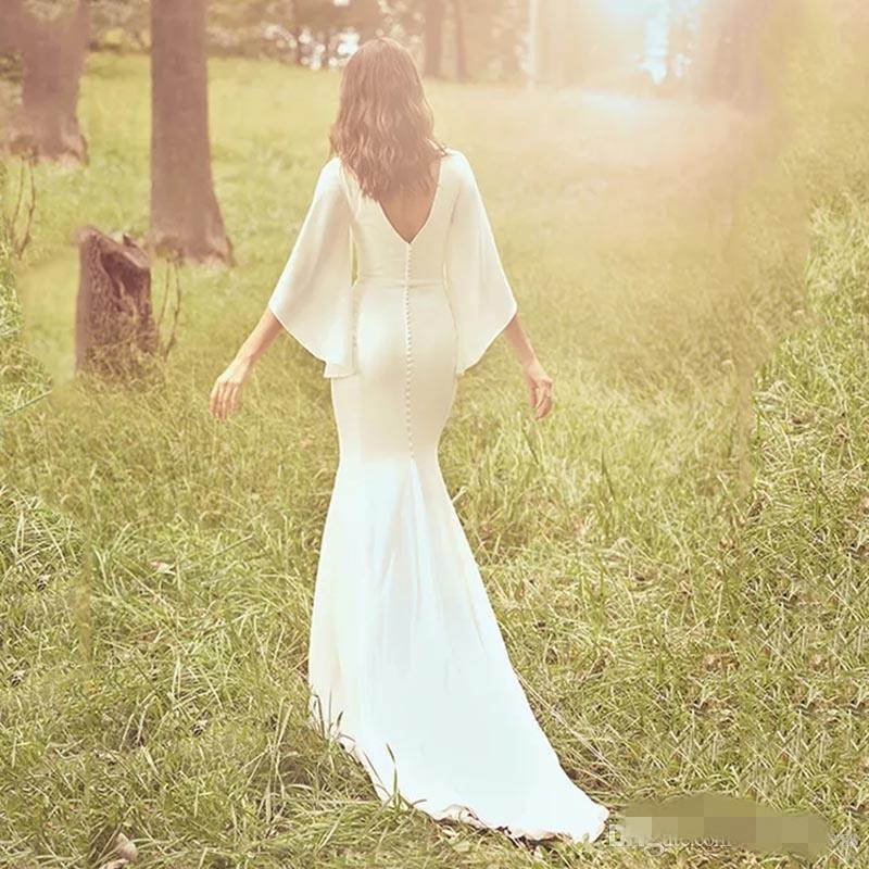 Long Poet Sleeves Dresses Mermaid Plunging V Neck Sweep Train Chiffon Covered Buttons Back Wedding Gown Vestido De Novia