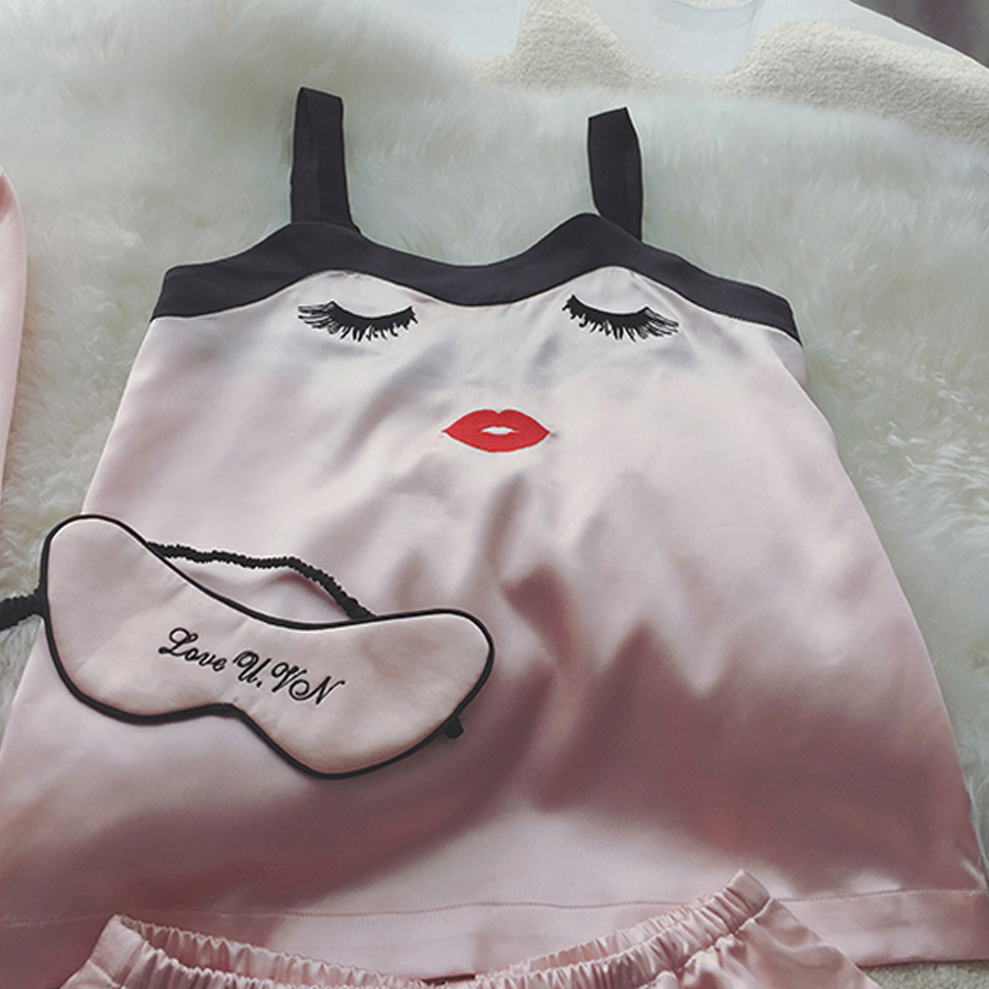 Summer Cartoon Satin Pajamas Sets Women 4pcs/set Long Sleeve Tops Camisole Shorts Eye Mask Home Clothing Sexy Sleepwear Mujer
