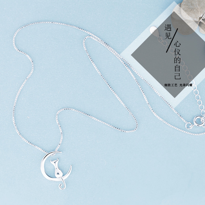 Vintage Moon Chain Lovely Cat Necklaces Pendant Charming Silver Chain Cat On The Moon Statement Necklace Trendy Animal Pet Jewelry