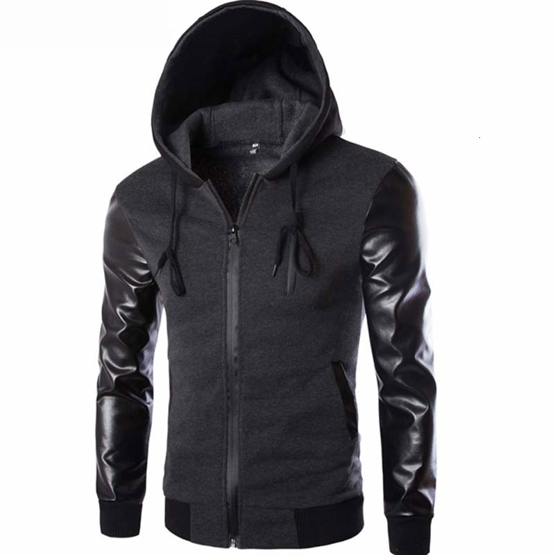 Cool Hooded Jacket Men 2017 Spring Fashion Pu Leather Sleeve Splice Bomber Jacket Casual Windbreaker Blouson Veste Sweat HommeMX191012