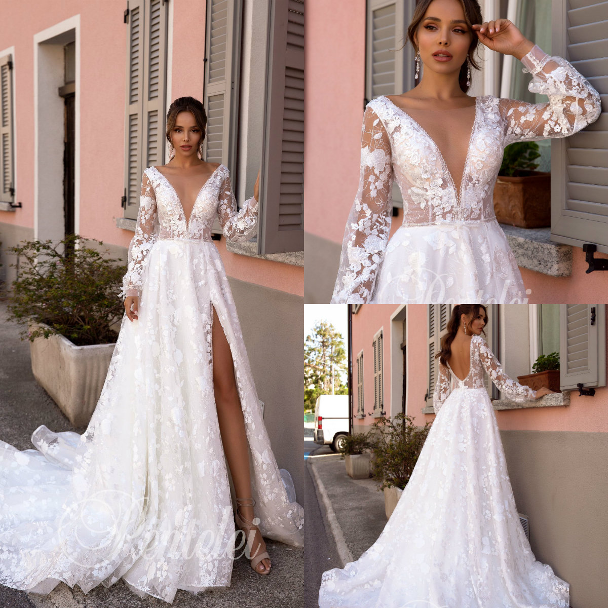 2020 Long Sleeve Wedding Dresses Deep V Neck A Line Appliqued Lace High Side Split Wedding Dress Sweep Train Custom Made Vestidos De Novia