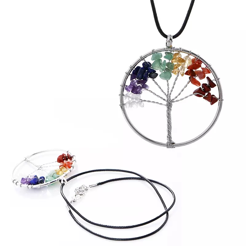 6 Styles 7 Chakra Tree Of Life Necklace Amethyst Quartz Chips Pendant Rainbow Necklace Multicolor Wisdom Tree Natural Stone Necklace