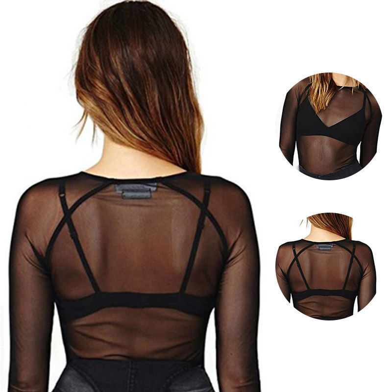 2017 Summer Hot Casual Women Blusa Sexy See Through Transparent Mesh Round Neck Long Sleeve Sheer Blouse Shirts Ladies Tee Tops
