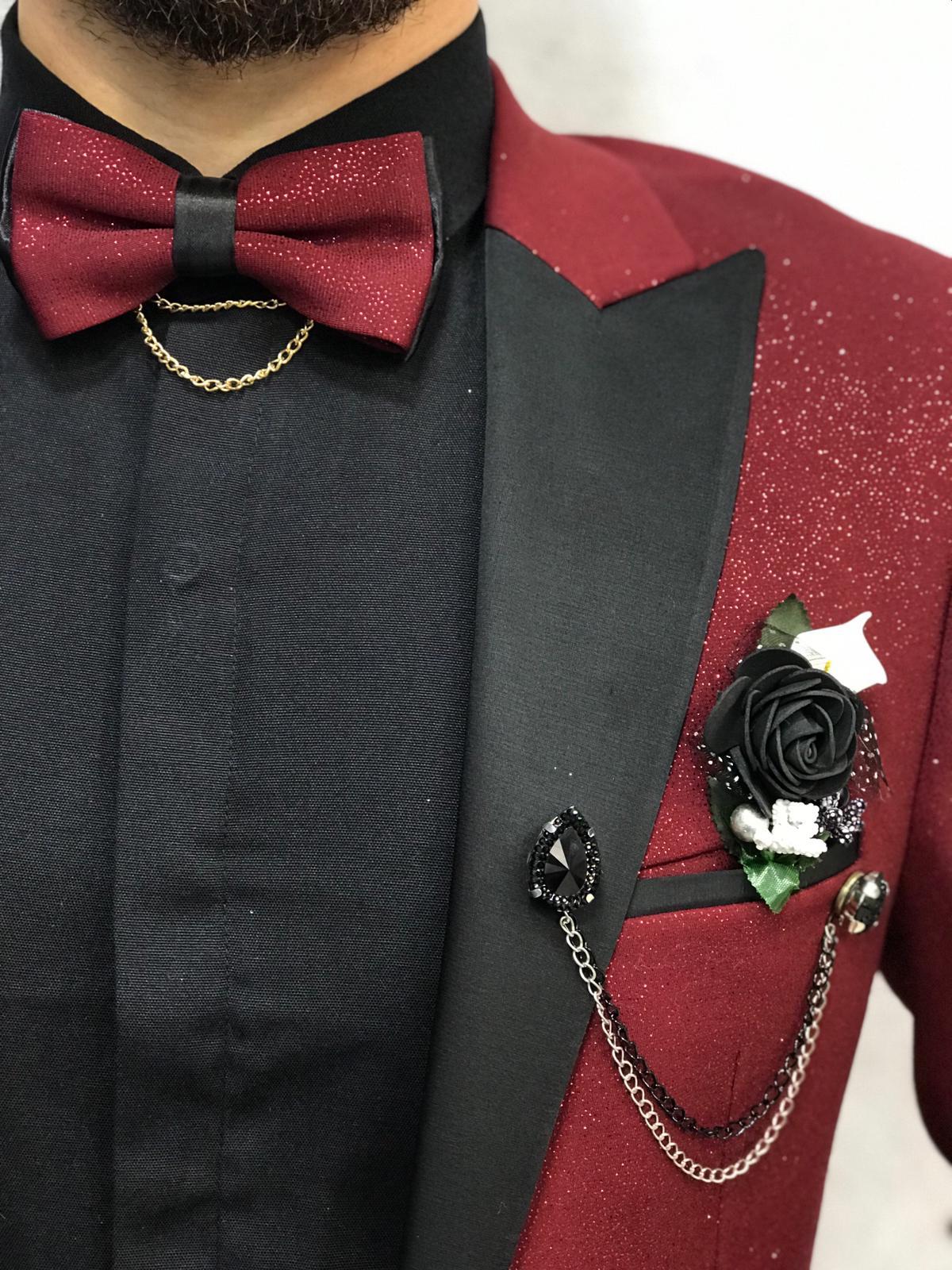 Sequins Burgundy Groom Wedding Tuxedos New Mens Prom Tuxedos Suits Slim Fit Black Peaked Lapel 2 Pieces Designer Jackets