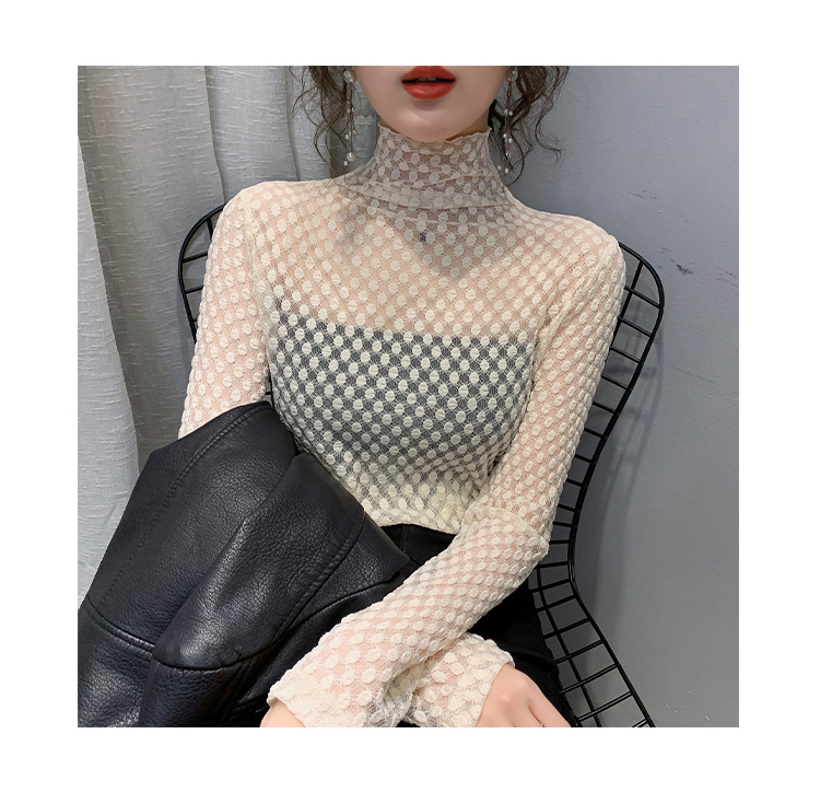 New womens sexy turtleneck long sleeve perspective gauze lace spring autumn t-shirt tops SML