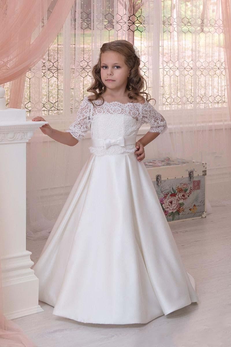 Latest 2019 Formal Flower Girl Dresses For Wedding with Half Sleeves Lace Jacket Strapless A Line Ivory Satin Children Dresses with Bow Sash