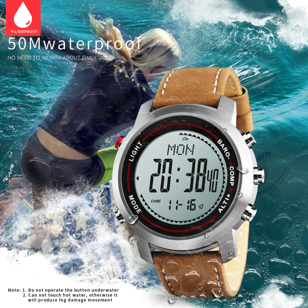 Men's Fashion Leather Band Multi-function 5atm Stainless Steel Dial Mountaineer Sports Watch Altimeter Barometer Thermometer Y19052004