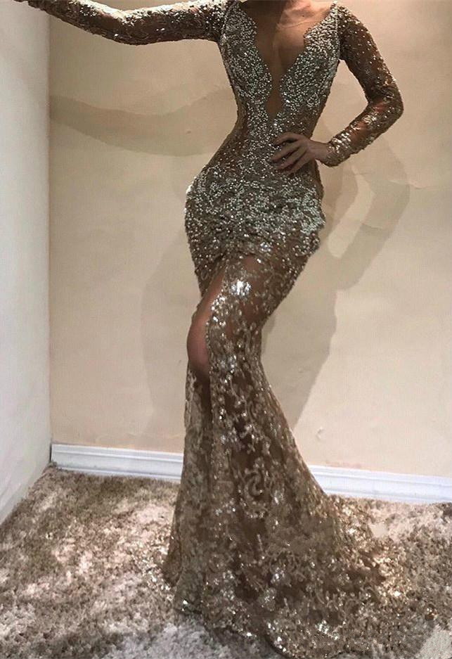 South African Front Split Prom Dresses Long Sleeves Mermaid Evening Gowns Sheer V Neck Lace Appliqued Beads Tulle Cocktail Party Dress