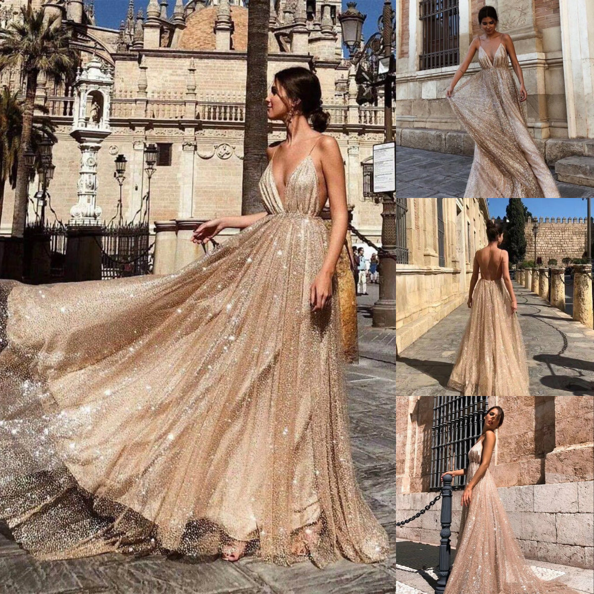 New Designer Bling Gold Sequins Prom Dresses 2019 Spaghetti Backless Sweep Train Evening Gowns Pageant Dress Formal Wear