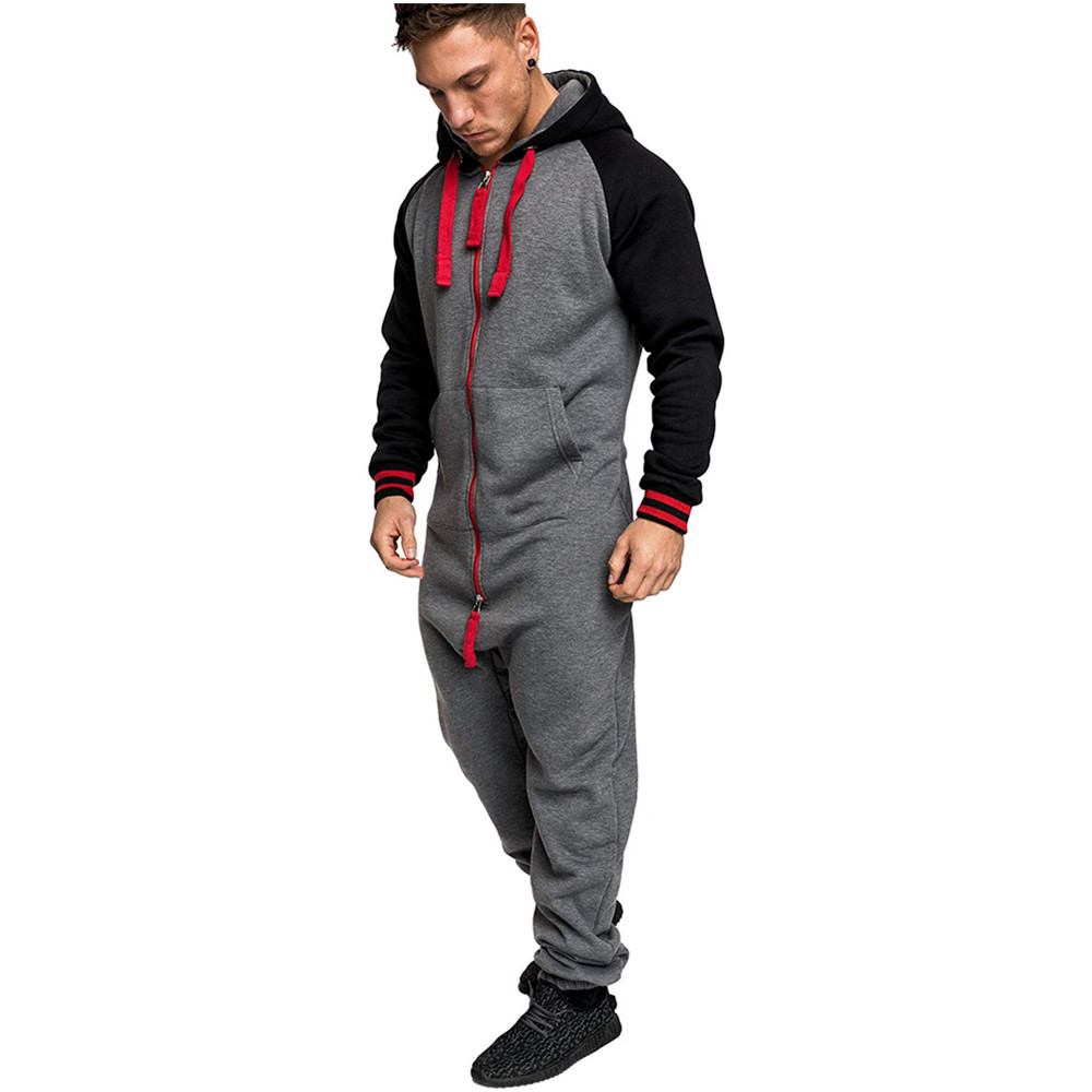 Mens Jumpsuit Stitching Plus Velvet Tracksuit Hooded Pullover Sweatshirt Sport Suit Training Gym Fitness Tracksuits Running Set