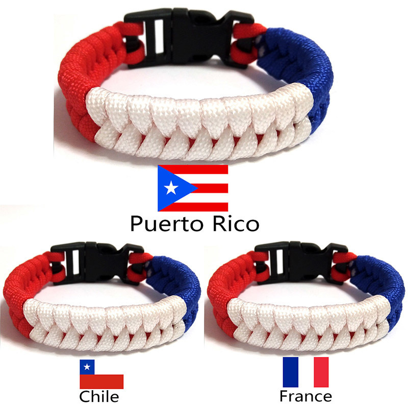 20pc Puerto Rico France Chile Flag Charm Paracord Survival Bracelet Sports Royal Blue Bracelets & Bangles For Men Women Jewelry