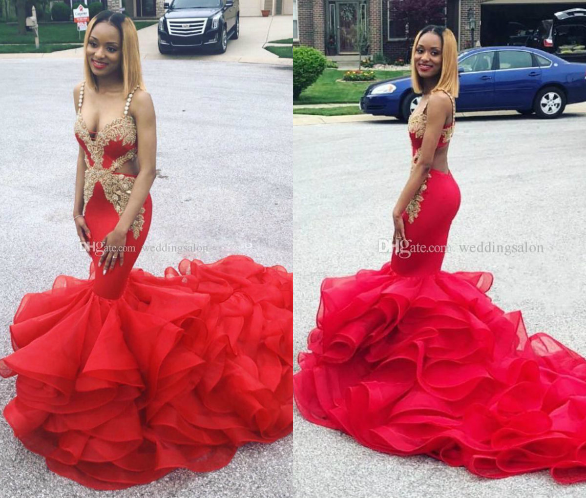Red Mermaid Prom Dresses Spaghetti Straps Lace Appliques Beaded Evening Gowns Sweep Train Plus Size Tiered Organza Formal Party Dress, Yellow
Red Mermaid Prom Dresses Spaghetti Straps Lace Appliques Beaded Evening Gowns Sweep Train Plus Size Tiered Organza Formal Party Dress, Yellow