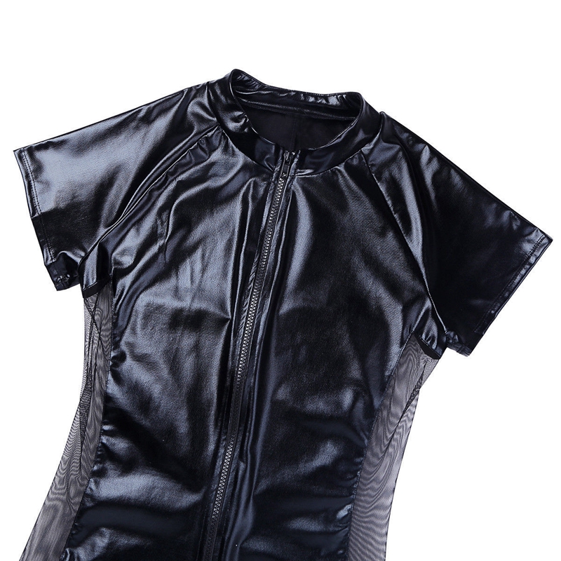Men's G-Strings Wetlook Latex Catsuit Leather Man Jumpsuits Black Stretch PVC Mesh Bodysuits Sexy Clubwear Men Open Crotch Body Suit1