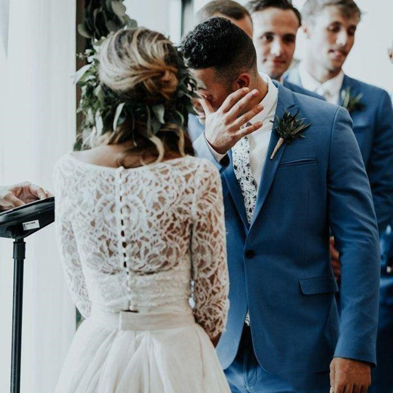 Two Pieces Beach Boho Wedding Dresses Bridal Gowns 2021 Lace Soft Tulle Chiffon Bohemian Country Plus Size Long A e Bride Dress Half Sleeve