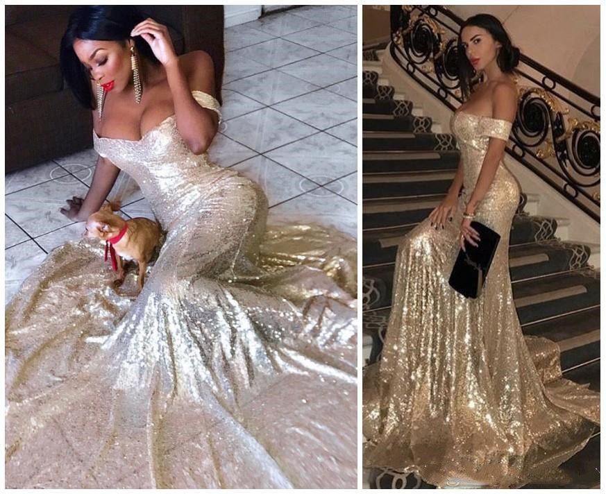 Gold Sequined Sweep Train Off The Shoulder Arabic Formal Evening Party Dresses Prom Graduation Gowns Vestido De Festa 2019 0510