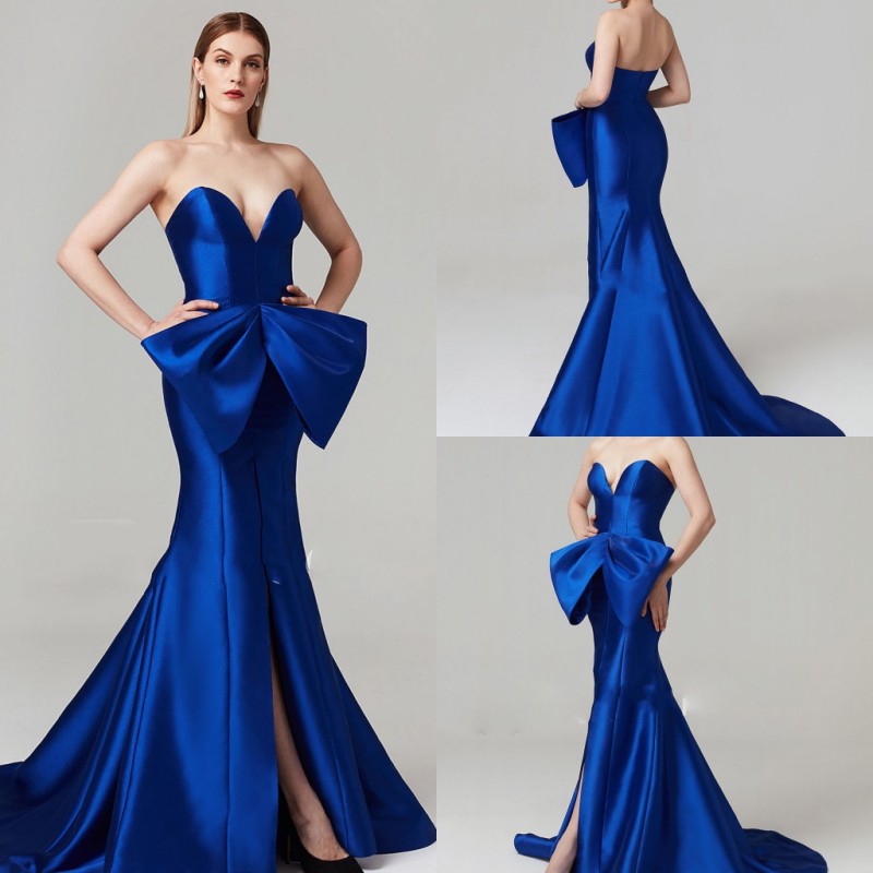 Tony Ward 2019 Royal Blue Mermaid Evening Dresses Sweetheart Bow Satin Split Prom Gowns Plus Size Special Occasion Dress