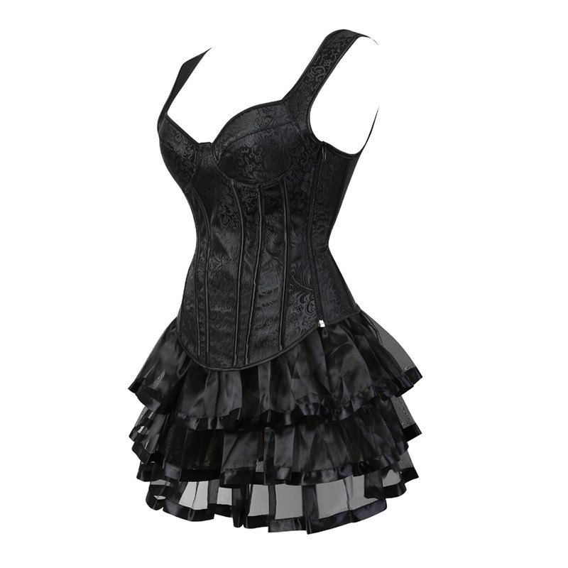 Women Corset Vest Skirt Set Retro Steampunk Side Zipper Halterneck Jacquard Overbust Bustier with Layered Mini Skirt Plus Size S-6XL