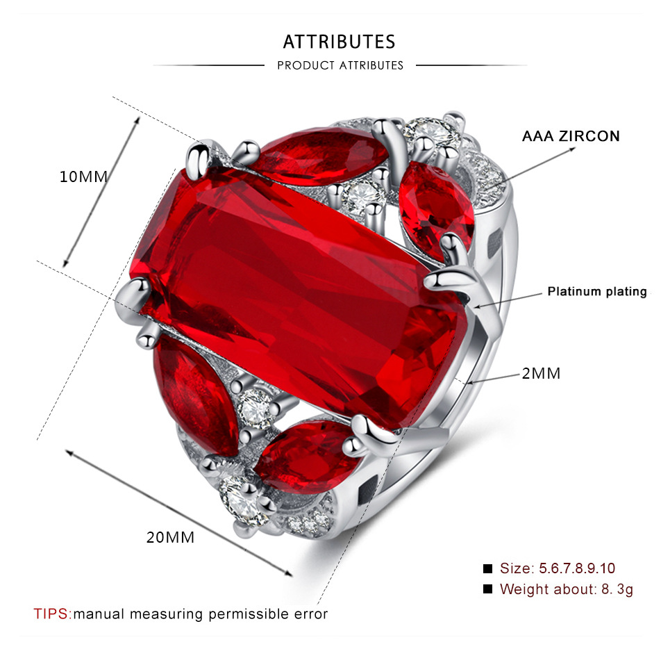 European Ladies Engagement Wedding Rings Trendy Red Gem Big Stone Women Rings Jewelry Gifts Fashion Party Jewelry US Size 6-10
European Ladies Engagement Wedding Rings Trendy Red Gem Big Stone Women Rings Jewelry Gifts Fashion Party Jewelry US Size 6-10