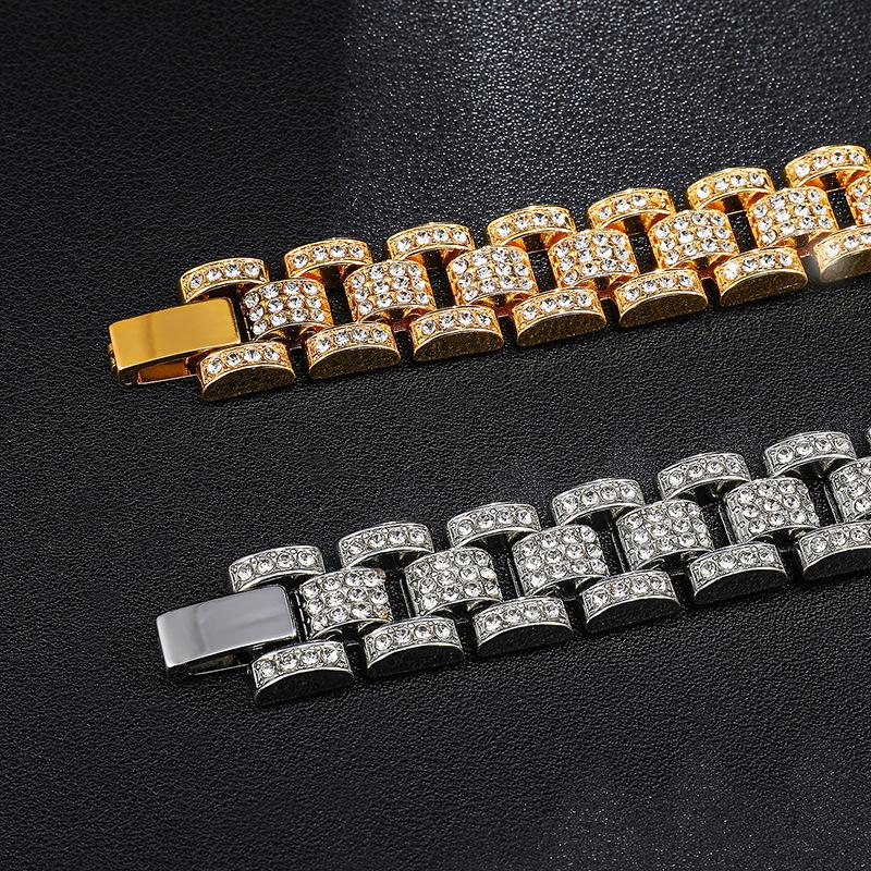 Full Diamond Mens Watch Band Bracelet 18k Gold Bling Rhinestone Hip Hop Iced Out Bangle Bracelets Rapper Chains Wristband Luxury Jewelry Gifts for Guy