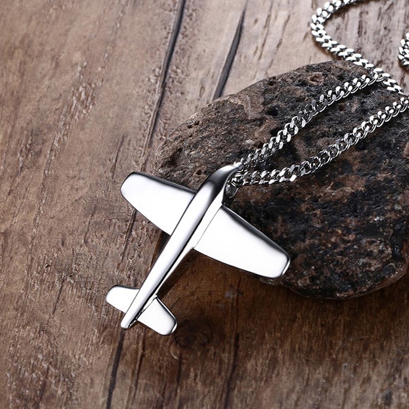 Men's Stainless Steel Airplane Pendant Necklace Gold-Color Aircraft - 24" Chain PN-678