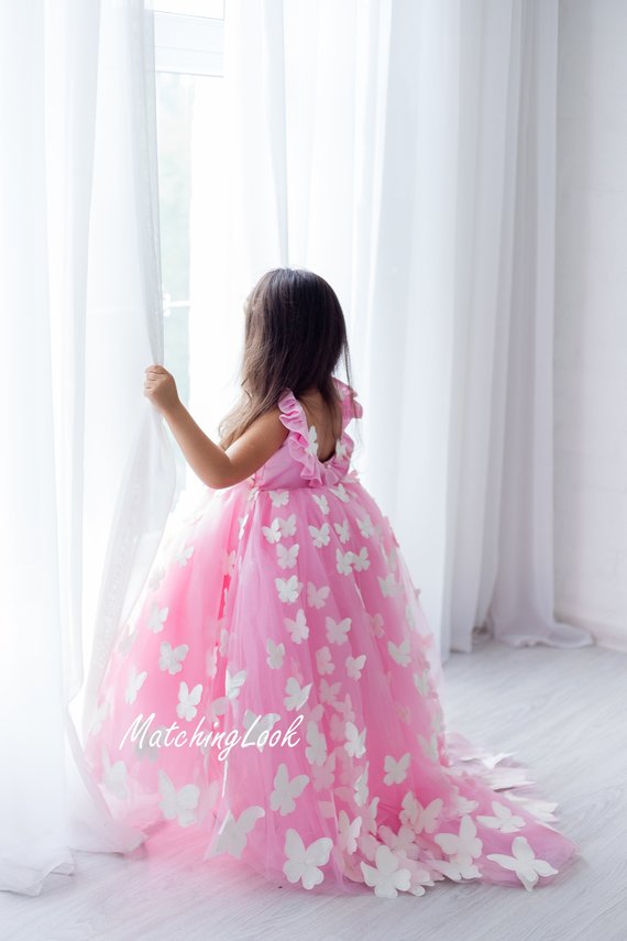 Butterfly Tutu Flower Girl Dresses Sweep Train Jewel Neck Backless Girls Princess Dress Custom Made Cute Christmas Gowns With Petticoat