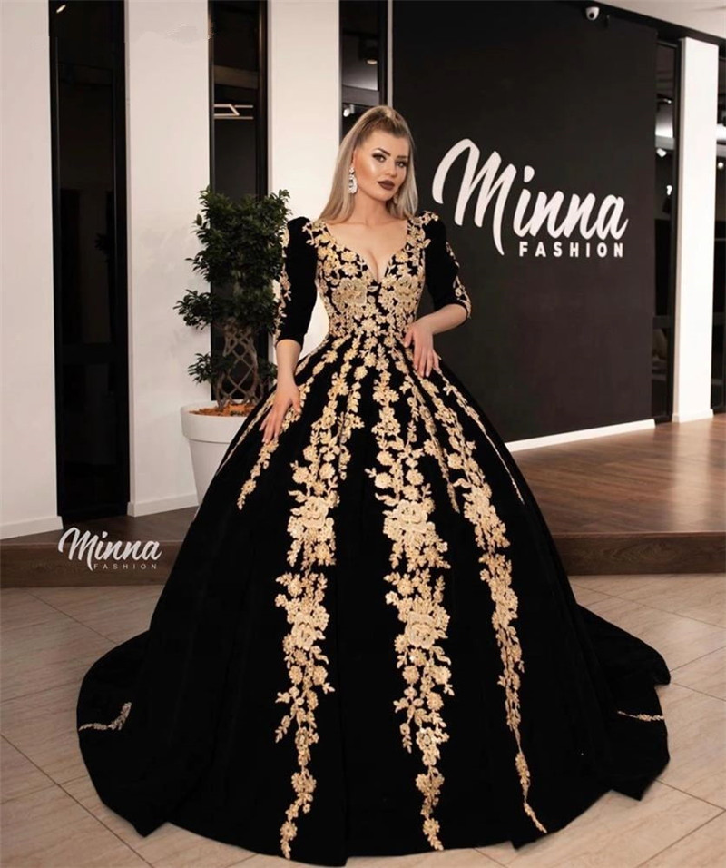 Arabic Evening Dresses Gold Lace Applique 3/4 Long Sleeves Ruched A Line Formal Party Prom Dresses Vestidos De festa