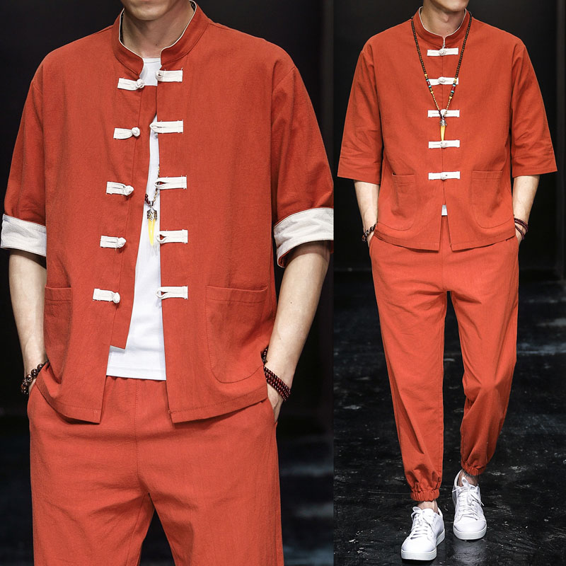 Chinese-style linen suit with contrasting colour cotton linen short-sleeved shirt men's shirt and breeches two-piece set, Gray
Chinese-style linen suit with contrasting colour cotton linen short-sleeved shirt men's shirt and breeches two-piece set, Gray