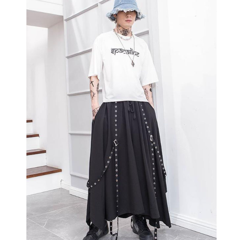 Spring and summer models Yamamoto style dark men and women models skirt pants rivet ribbon decoration loose wide leg pants, Black