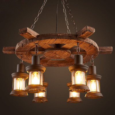 LOFT vintage wine bar industrial wind wood chandelier lamps creative personality American diffuse coffee restaurant old boat
