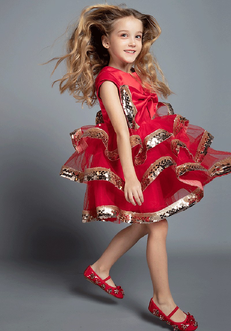 Shiny Sequins Flower Girls Dresses Red Tulle Tiered TuTu Girls Pageant Gowns Cute Puffy Prom Wedding Dresses