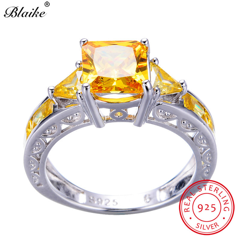 Blaike Genuine 925 Sterling Silver Yellow Topaz Rings For Women Men Charming Citrine Jewelry Square Zircon Birthstone Ring Gifts LY191226