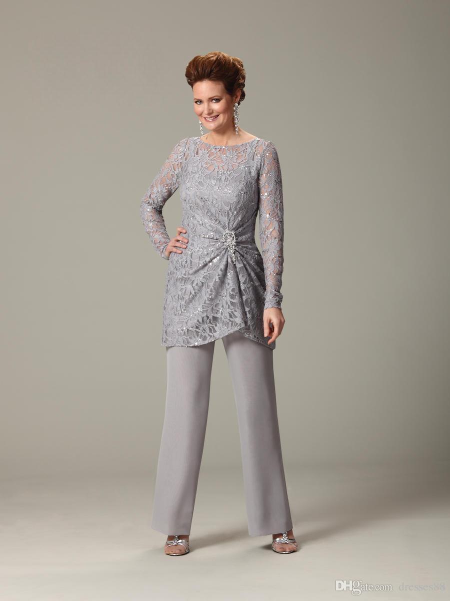 Elegant Silvery Mother Of Bride Pant Suits Jewel Neckline Cheap Chiffon Sequined Wedding Guest Dress With Long Sleeves Mothers Dresses
