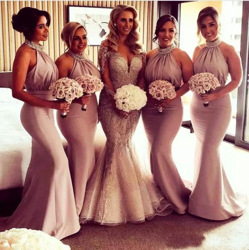 New Hot Mermaid Bridesmaids Dresses Cheap Halter Neck Sleeveless Ruched Beaded Open Back Plus Size Sweep Train Wedding Guest Gowns