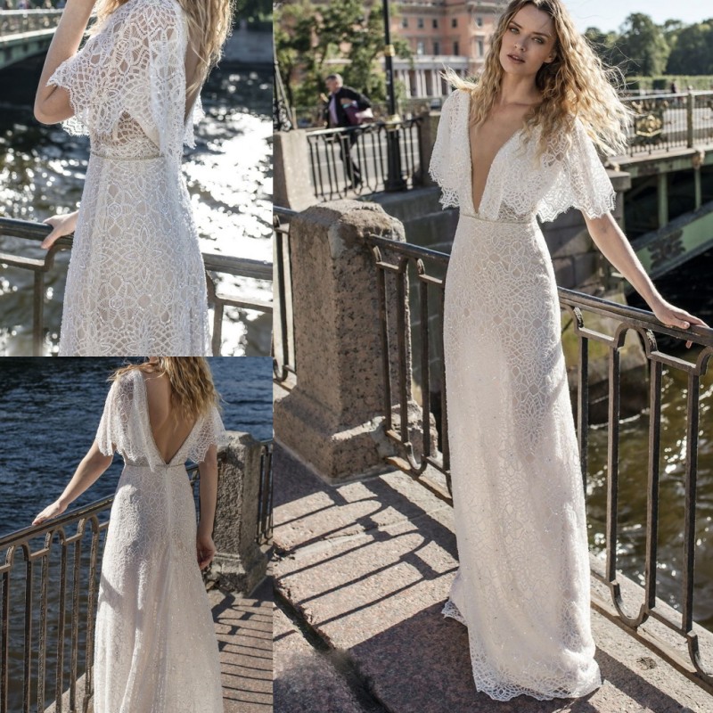 lian rokman beach wedding dresses sheer v neck lace appliqued beads bohemian bridal gowns country wedding dress vestido de novia