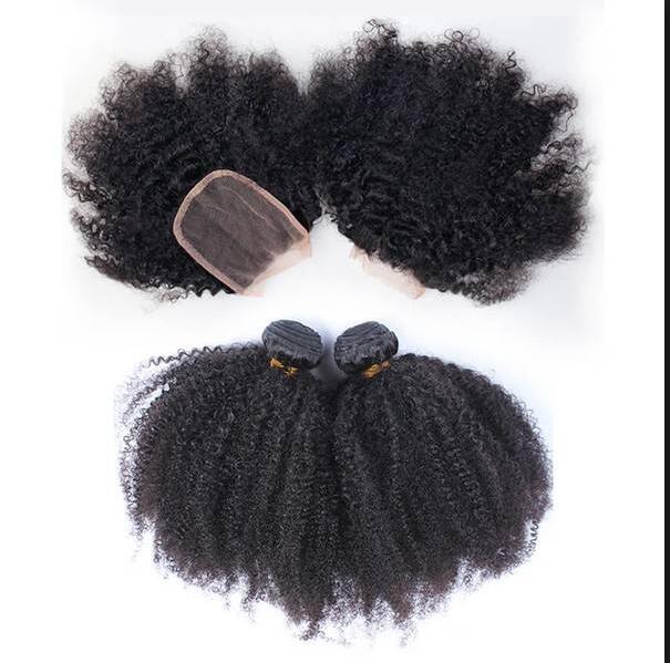 Afro Kinky Curly Hair 3 Bundles with 4x4 Lace Closure Free Part Double Weft Human Hair Extensions Dyeable Human Hair Weaves