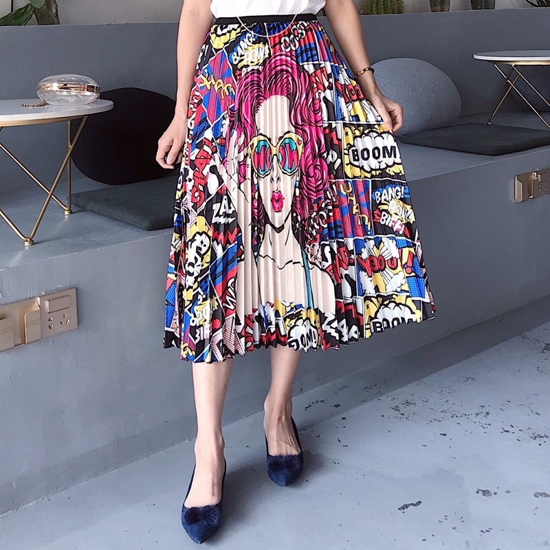 Cr 2019 Spring New-coming Europen Cartoon Pattern High Elasticity Pleated Skirt High Street Style A-line Mid-calf Christmas C19040401