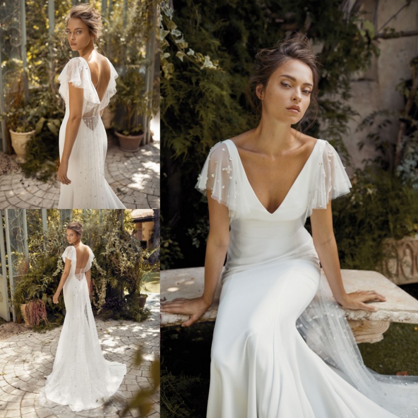 Hod Stylish Lihi Mermaid Backless Wedding Dresses Beaded V Neck Appliqued Beach Bridal Gowns Satin Sweep Train Trumpet Robe De Marie