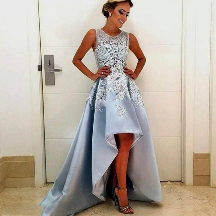 Hi Lo Evening Dresses 2019 Lace Satin Formal Prom Gowns Women Cheap Cocktail Party Homecoming Gown Celebrity Red Carpet Dress